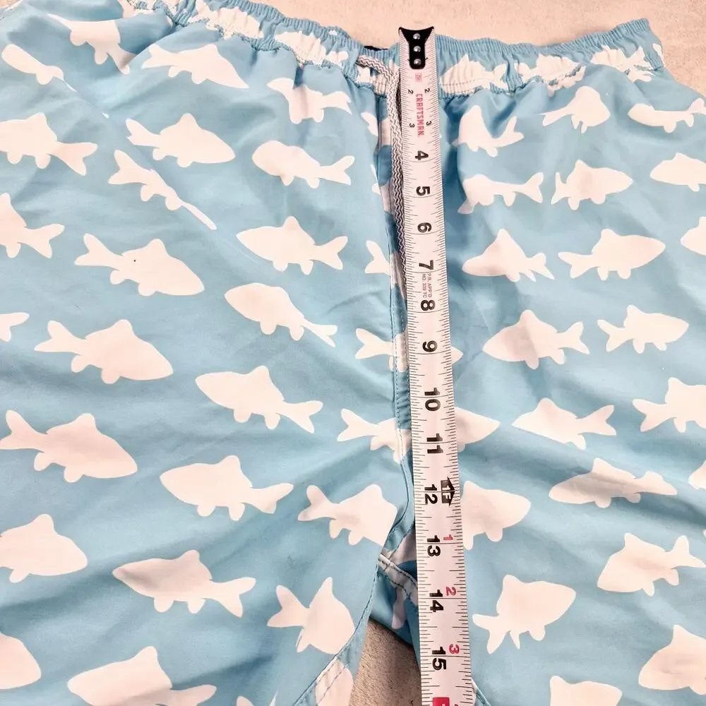 Tom & Teddy Mens XL Soft Blue & White Fish Mesh Lined Drawstring Swim Shorts